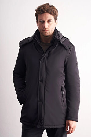 Siyah Çıkma Kapşonlu Dik Yaka Yırtmaçsız Esnek Classic Kaban 1008255165