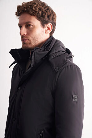 Siyah Çıkma Kapşonlu Dik Yaka Yırtmaçsız Esnek Classic Kaban 1008255165