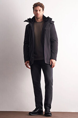 Siyah Çıkma Kapşonlu Dik Yaka Yırtmaçsız Esnek Classic Kaban 1008255165