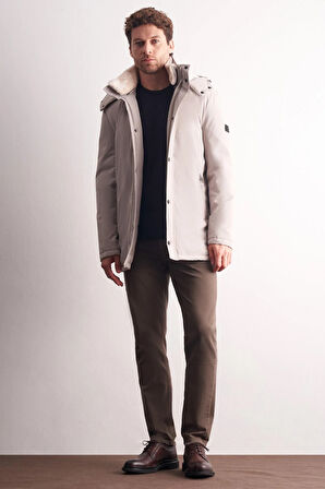 Taş Rengi Çıkma Kapşonlu Dik Yaka Yırtmaçsız Esnek Classic Kaban 1008255165