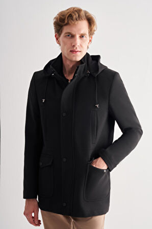 Siyah Kaşe Dik Yaka Astarlı Slim Fit Dar Kesim Klasik Kaban 1008245272