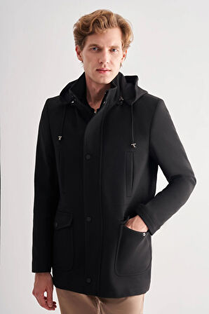 Siyah Kaşe Dik Yaka Astarlı Slim Fit Dar Kesim Klasik Kaban 1008245272