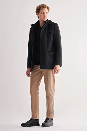 Siyah Kaşe Dik Yaka Astarlı Slim Fit Dar Kesim Klasik Kaban 1008245272