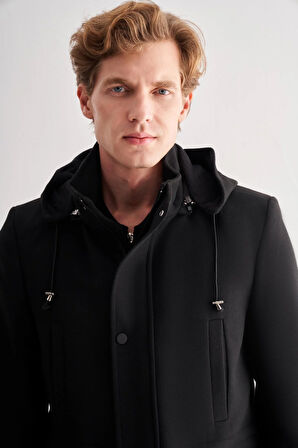 Siyah Kaşe Dik Yaka Astarlı Slim Fit Dar Kesim Klasik Kaban 1008245272