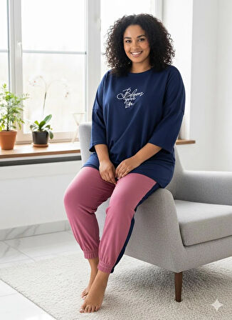 KADIN BÜYÜK BEDEN LACİVERT EŞOFMAN TAKIMI