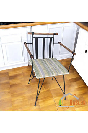 40x40 Sarı Yeşil Çizgili Su ve Leke İtici Fermuarlı Bağcıklı Krem Biyeli Sandalye Minderi 4 cm