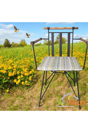 40x40 Sarı Yeşil Çizgili Su ve Leke İtici Fermuarlı Bağcıklı Krem Biyeli Sandalye Minderi 4 cm