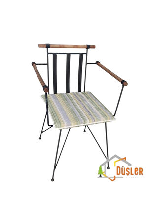 40x40 Sarı Yeşil Çizgili Su ve Leke İtici Fermuarlı Bağcıklı Krem Biyeli Sandalye Minderi 4 cm