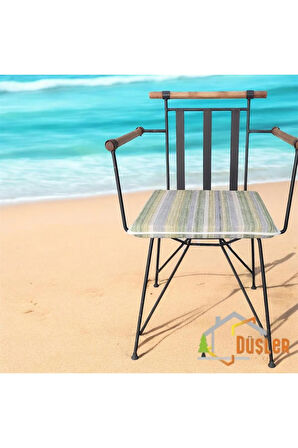 40x40 Sarı Yeşil Çizgili Su ve Leke İtici Fermuarlı Bağcıklı Krem Biyeli Sandalye Minderi 4 cm
