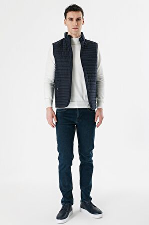 Koyu Lacivert Dik Yaka Kapitone Klasik Slim Fit Yelek 1009235151