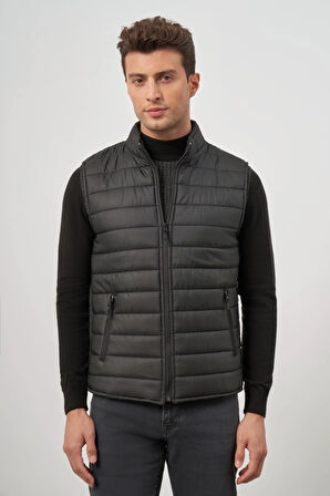 Siyah Kapitone Dik Yaka Düz Garnisiz-Biyesiz Slim Fit Yelek 1009245150