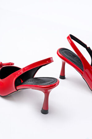 İNF-4500 Kırmızı Rugan Günlük Arkası Açık Fiyonklu Topuklu Kadın Ayakkabı 