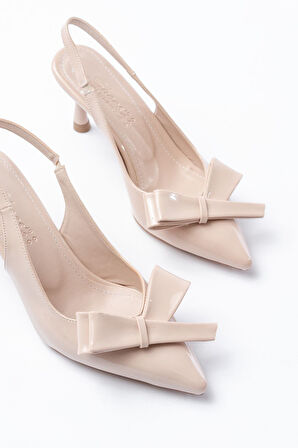 İNF-4501 Bej Rugan Günlük Arkası Açık Fiyonklu Topuklu Kadın Ayakkabı 