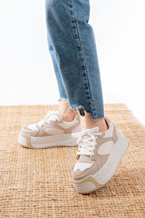 SP-190 Bej Garni Bağcıklı Fileli Yüksek Taban Günlük Spor Ayakkabı 