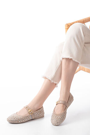 DM-6020 Bej Troklu Baret Tokalı Günlük Kadın Babet 