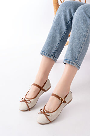 6321 Bej Keten Günlük Baret Tokalı Kadın Babet