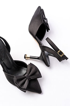 İNF-4505 Siyah Saten Günlük Arkası Açık Kurdele detaylı Topuklu Kadın Ayakkabı 