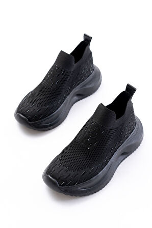 DM-707  Siyah Fileli Faillant Taban Taş Aksesuarlı Günlük Spor Ayakkabı 