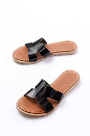 169-6100 Siyah Ortopedik Hakiki Deri Kadın Terlik 