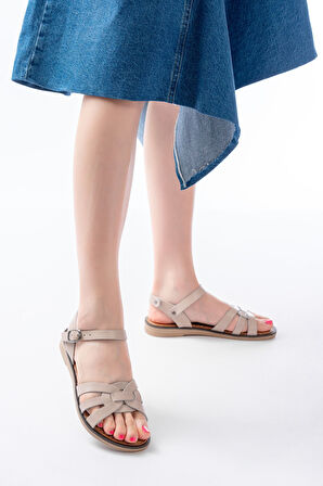 205-030 Bej Hakiki Deri Ortopedik Taban Kadın Sandalet 