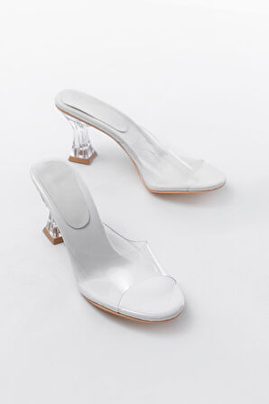 S-619 Beyaz Rugan Şeffaf Bantlı Şeffaf Topuklu Yuvarlak Burunlu Kadın Terlik 