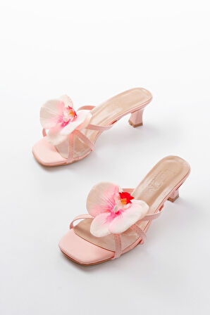 S-622 Pembe Orkide Detaylı İnce Topuklu Kadın Terlik 