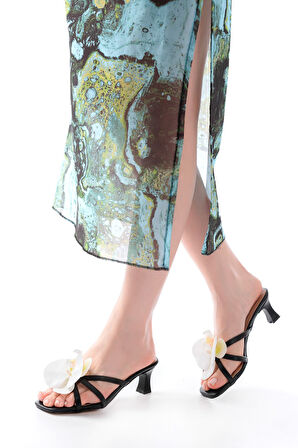 S-622 Siyah Orkide Detaylı İnce Topuklu Kadın Terlik 