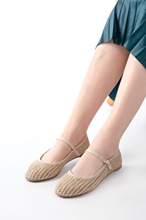 7432 Bej Fileli Toka Detaylı Günlük Kadın Babet 