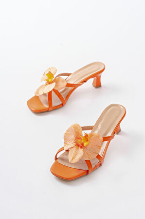 S-622 Orange Orkide Detaylı İnce Topuklu Kadın Terlik  