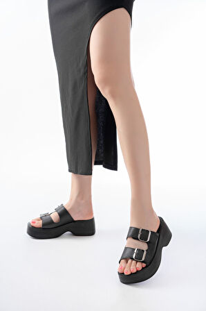 24414-574 Siyah Günlük Tokalı Dolgu Topuk Kadın Terlik  