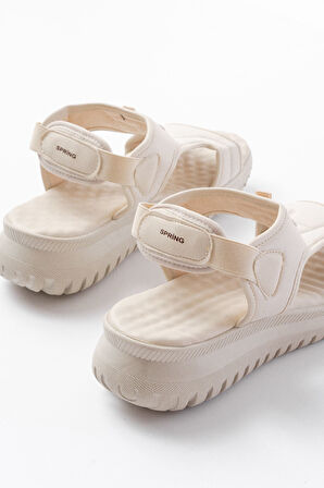 T-221 Bej  Spring Paraşüt Kumaş Lastikli Ortopedik Kadın Sandalet   