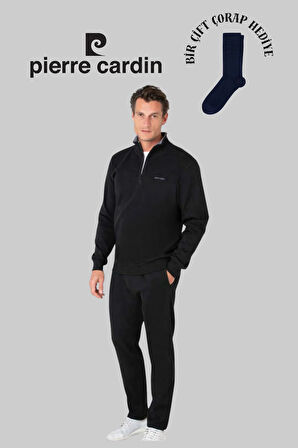 Erkek Siyah Pamuklu Yarım Fermuarlı Eşofman Takımı 1 Çift Çorap Hediye