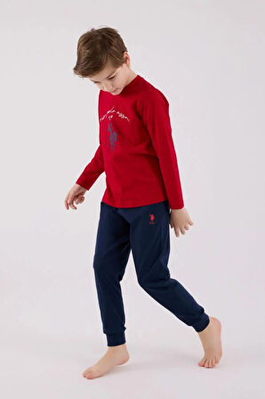 Polo Erkek Çocuk Rahat Uzun Kollu Pamuklu Pijama Takımı Kırmızı Yumuşak Kumaş