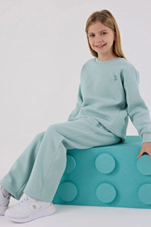 Polo Kız Çocuk Rahat Uzun Kollu Pamuklu Pijama Takımı Su Yeşili Yumuşak Kumaş