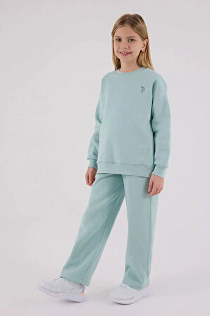 Polo Kız Çocuk Rahat Uzun Kollu Pamuklu Pijama Takımı Su Yeşili Yumuşak Kumaş