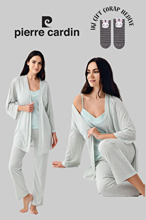 Kadın 3'lü Lisanslı Yumuşak Doku Sabahlıklı Çizgili Pijama Takımı 2 Çift Çorap Hediye