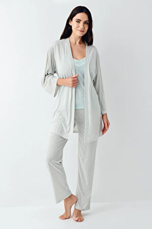 Kadın 3'lü Lisanslı Yumuşak Doku Sabahlıklı Çizgili Pijama Takımı 2 Çift Çorap Hediye