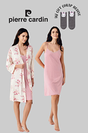 Kadın 2'li Lisanslı Yumuşak Doku Gecelik & Sabahlık Takım 2 Çift Çorap Hediye