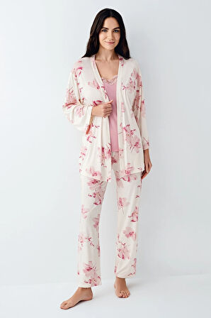 Kadın 3'lü Lisanslı Yumuşak Doku Çiçek Desenli Sabahlıklı Pijama Takımı 2 Çift Çorap Hediye