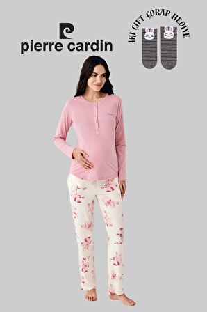 Kadın Lisanslı Hamile Giyim Yumuşak Doku Uzun Kollu Çiçek Desenli Pijama Takımı 2 Çift Çorap Hediye