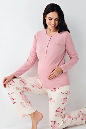 Kadın Lisanslı Hamile Giyim Yumuşak Doku Uzun Kollu Çiçek Desenli Pijama Takımı 2 Çift Çorap Hediye
