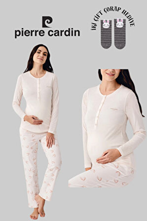 Kadın Lisanslı Hamile Giyim Yumuşak Doku Uzun Kollu Pijama Takımı 2 Çift Çorap Hediye