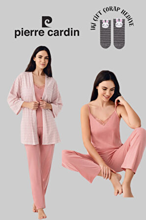 Kadın 3'lü Lisanslı Yumuşak Doku Sabahlıklı Pijama Takımı 2 Çift Çorap Hediye