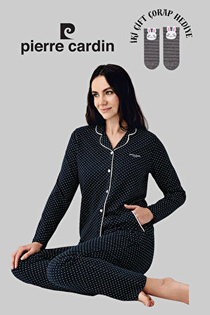 Kadın Lacivert Lisanslı Yumuşak Doku Uzun Kollu Düğmeli Kadın Pijama Takımı 2 Çift Çorap Hediye