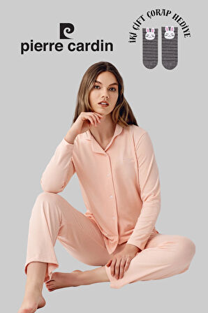 Kadın Somon Lisanslı Cep Detaylı Uzun Kollu Düğmeli Pijama Takımı 2 Çift Çorap Hediye