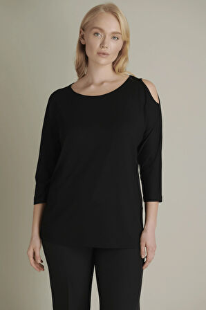 Büyük Beden Tek Omuz Açık Siyah Bluz