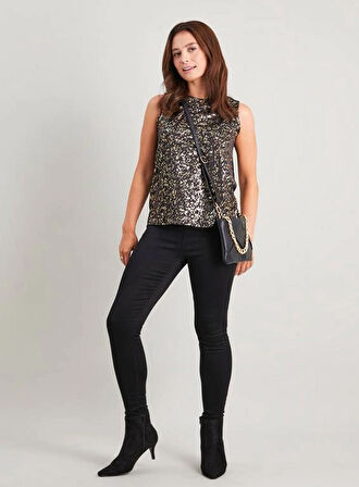 LEOPAR GOLD DESENLİ SİYAH KOLSUZ BLUZ