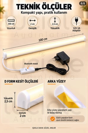 Luciole 100 CM ColorBar RGB LED Bar 12V 12W Bluetooth Smart Telefon Kontrollü Adaptörlü Yapışkanlı Aydınlatma