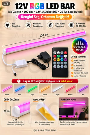 Luciole 100 CM ColorBar RGB LED Bar 12V 12W 20 Tuş Sese Duyarlı Kumandalı Adaptörlü Yapışkanlı Aydınlatma