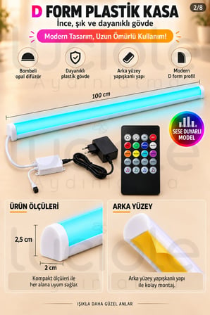 Luciole 100 CM ColorBar RGB LED Bar 12V 12W 20 Tuş Sese Duyarlı Kumandalı Adaptörlü Yapışkanlı Aydınlatma